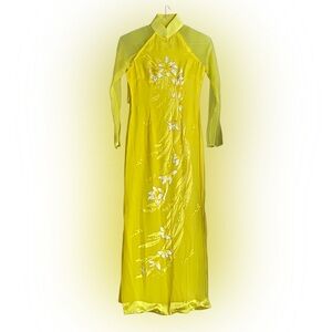 Yellow Mixed Linen Ao Dai Flowers Vietnamese Long Dress XS